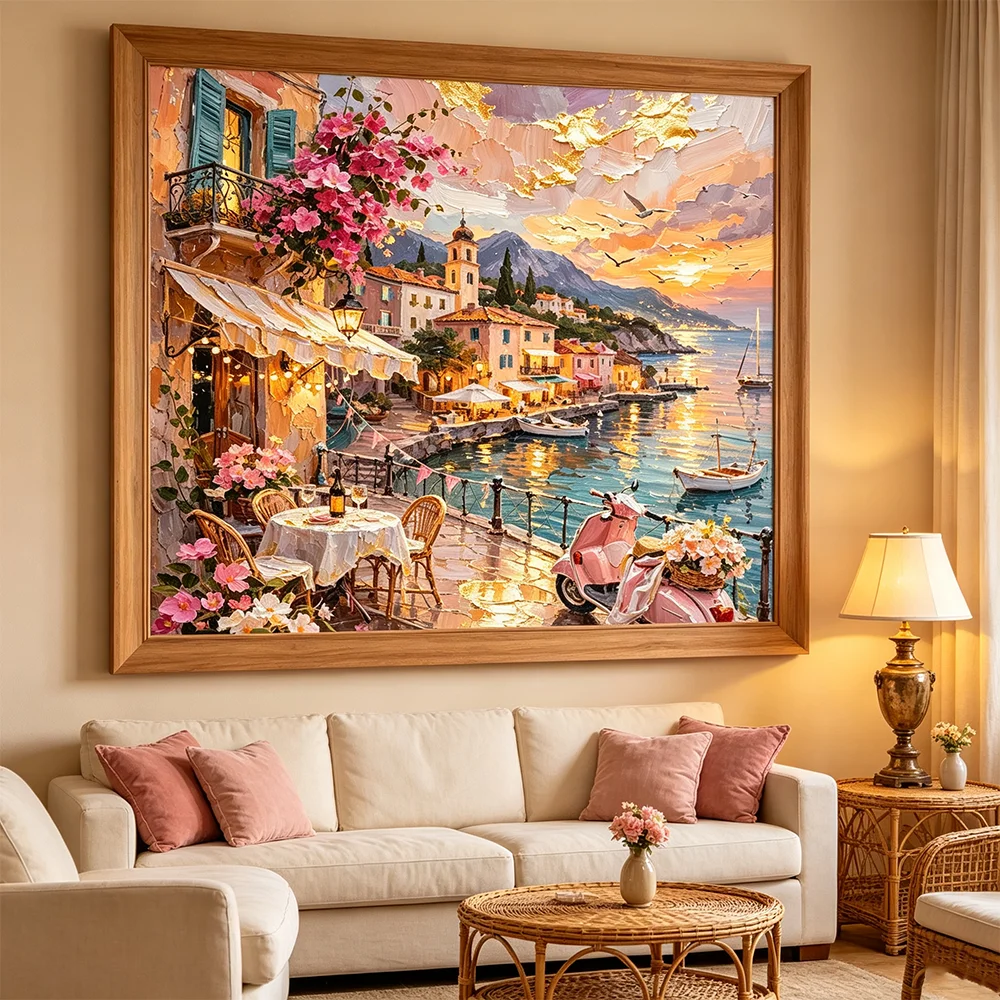 Seaside House Landscape Poster Sunset Scenery Spray Printing Picture High Quality Art Waterproof Canvas Painting Friends Gifts