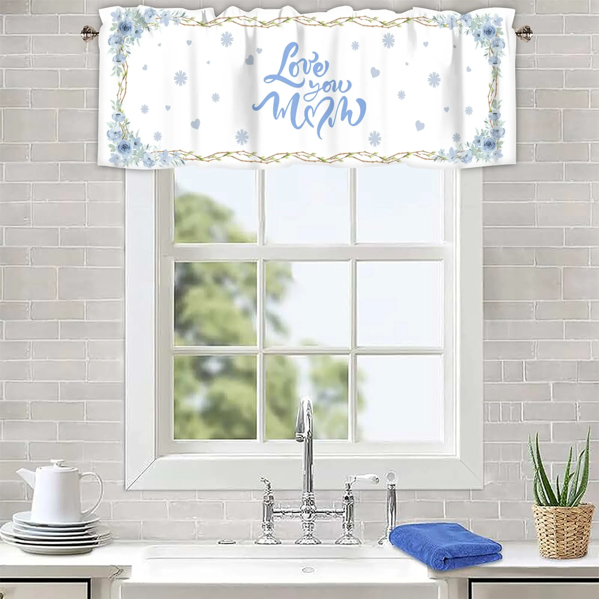 ZEDLIYU  Mother's Day, Blue Flowers Valance for Windows Kitchen Living Room Valances Rod Pocket Bathroom Small Window Treatment