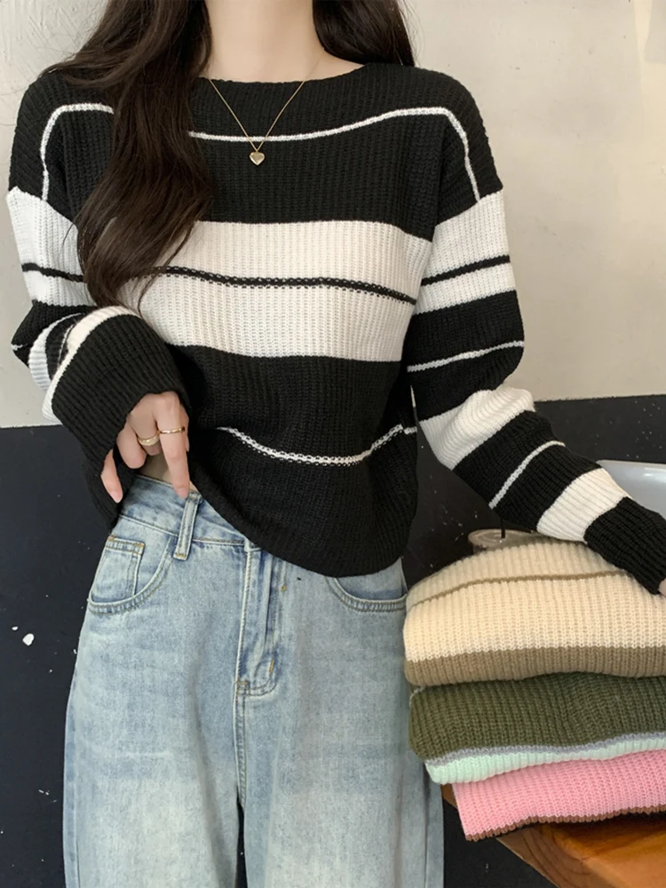 Loose Striped Sweater For Women Autumn Long Sleeve O-neck Knitshirts Casual All-matched Female Knitted Tops