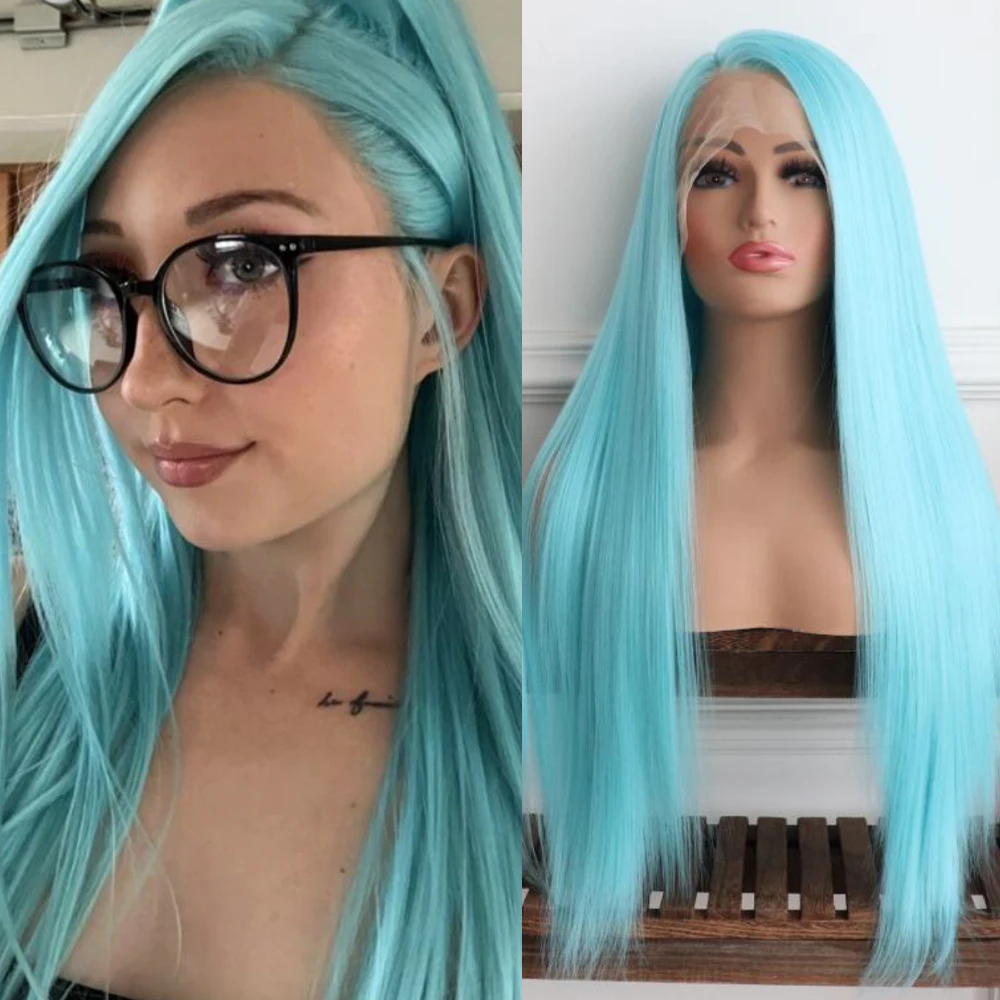 

Blue Wig Long Straight Synthetic Lace Front Wigs for Women Ready to Wear Long Silk Straight Wig Cosplay Party Light Blue Hair