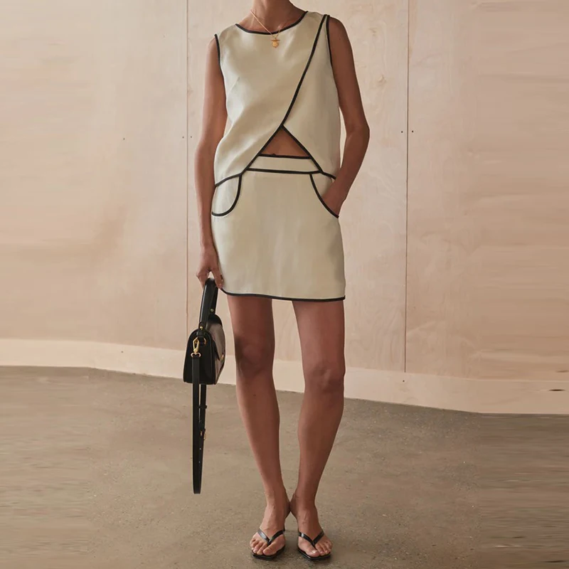 

2025 нерегулярный жилет без рукавов, топ и мини-юбка, костюмы, женская мода, цветная одежда, повседневные пригородные комплекты с круглым вырезом