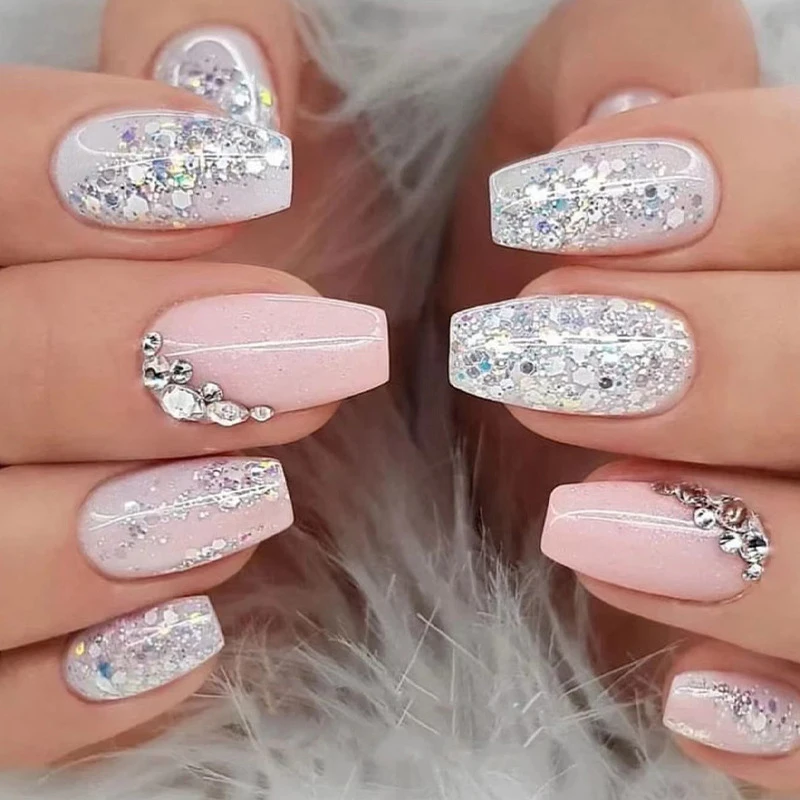 24Pcs Pink and White Contrast Press on Nails Rhinestone Silver Glitter False Nail for Women&Girl Removable wearable Nail Art