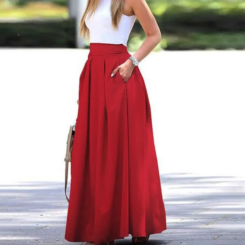 Comfortable Long Maxi Skirt Elegant Women's High Waist Maxi Skirt with Pockets Breathable Fabric Slimming Fit for Parties