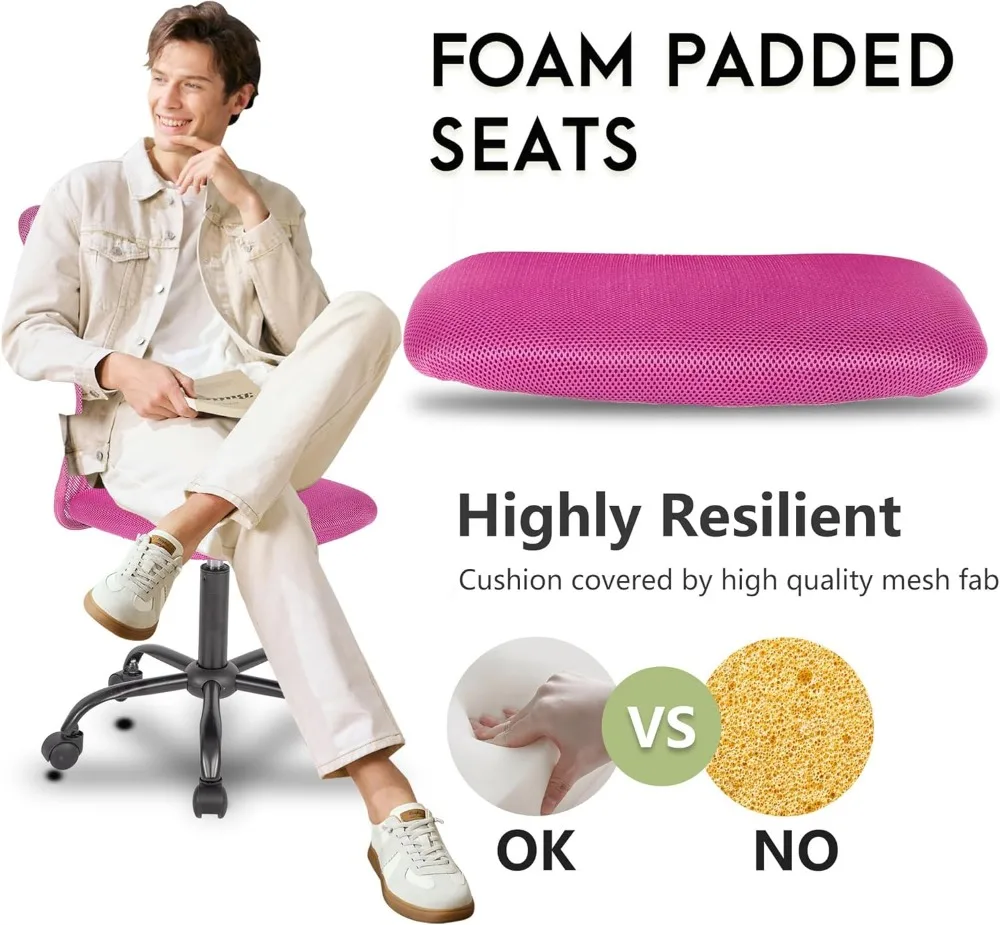 كرسي مكتب شبكي مريح مع دعم قطني، تصميم بدون ذراع، دوار دوار - وردي #4