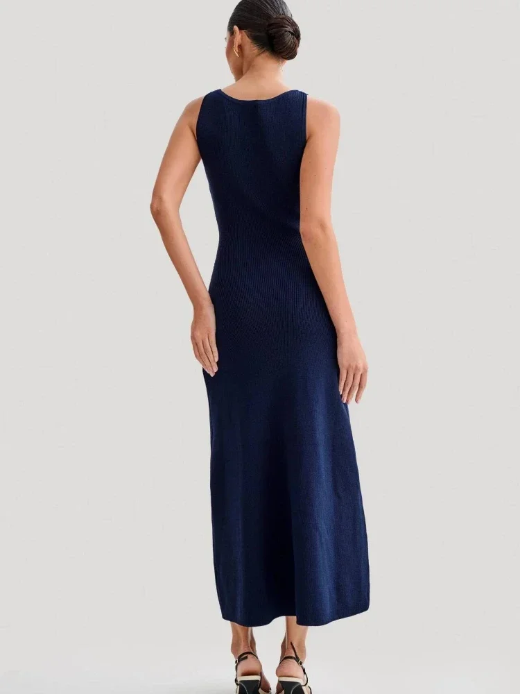 CPSYMYM Elegante Lady lavorato a maglia monopetto abiti lunghi donna solido senza maniche o collo bottone aderente partito abiti femminili