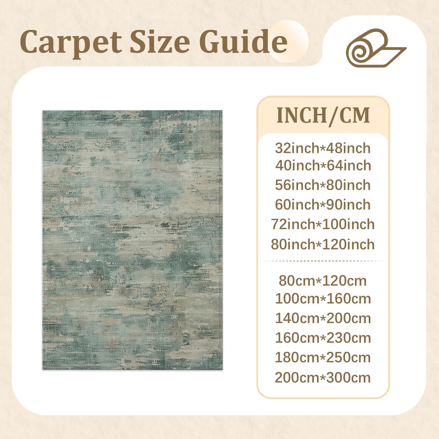 Large Indoor Area Rug, Soft Velvet Low Pile Non-slip Dotted Backing, Machine Washable Abstract Muted Teal Beige Brush Pattern Rug for Living Room Bedroom, Cozy Home Floor Decor