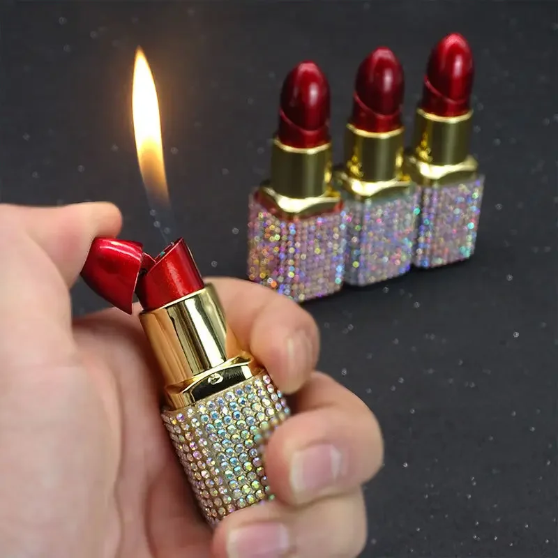 NEW Luxury Diamond Lipstick-Shaped Inflatable Lighter Mini Butane Pink Rhinestone Portable Lighter Premium Ladies' Smoking Gifts