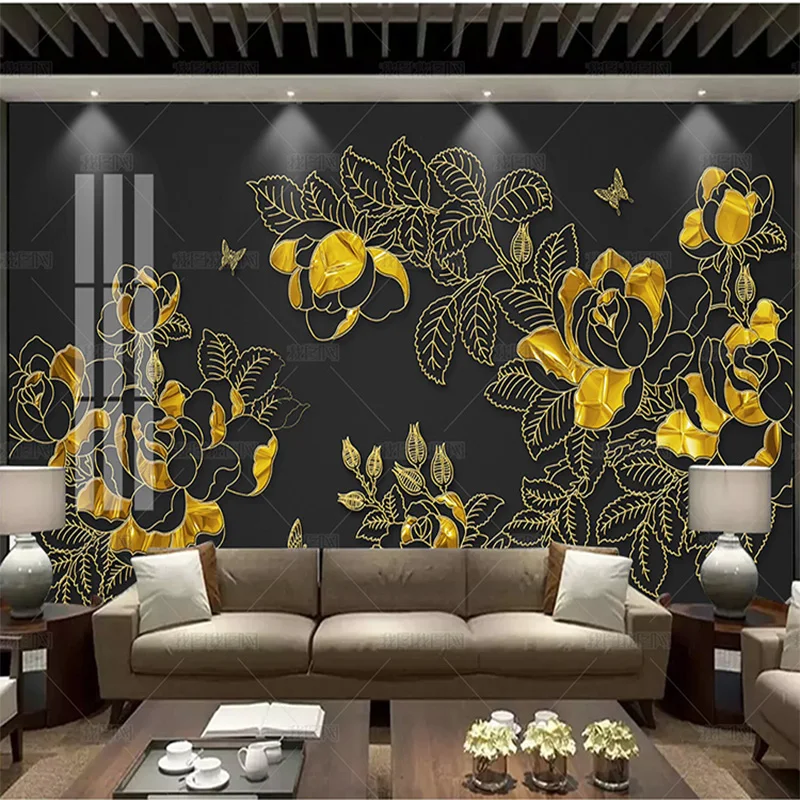 custom 3D modern light luxury peony flowers wallpaper golden relief mural living room TV background wall bedroom dining room 8d