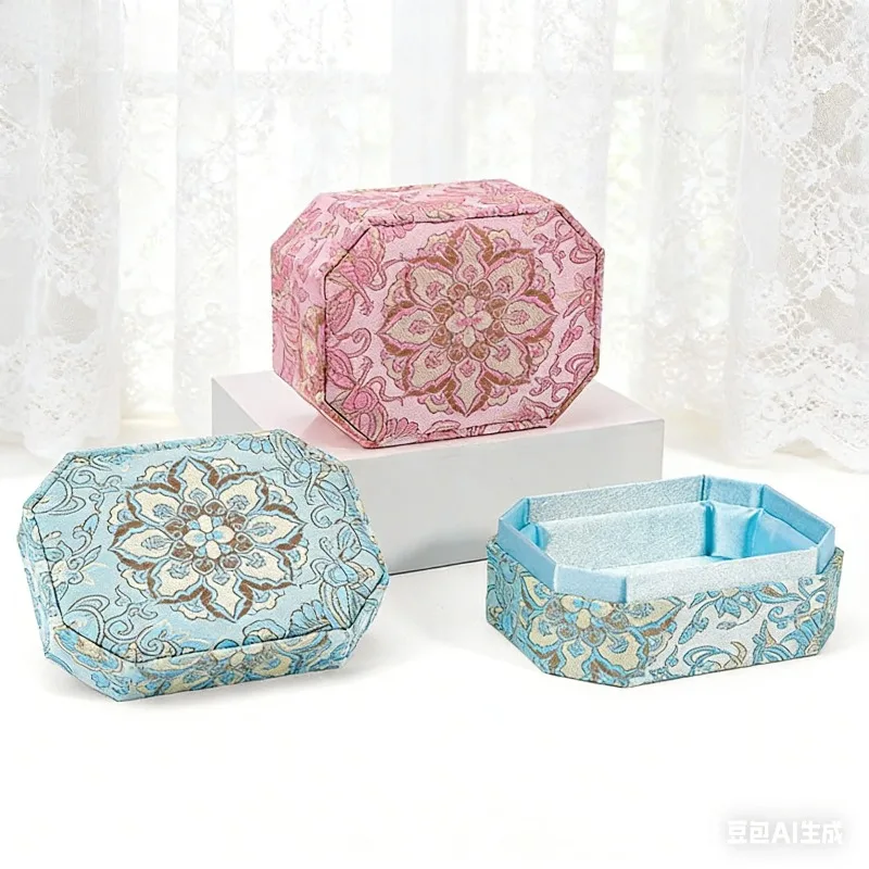 Ancient Brocade Octagonal Jewelry Gift Box Top Bottom Lid Bracelet Storage Case Vintage Jewellery Packaging Present Collection