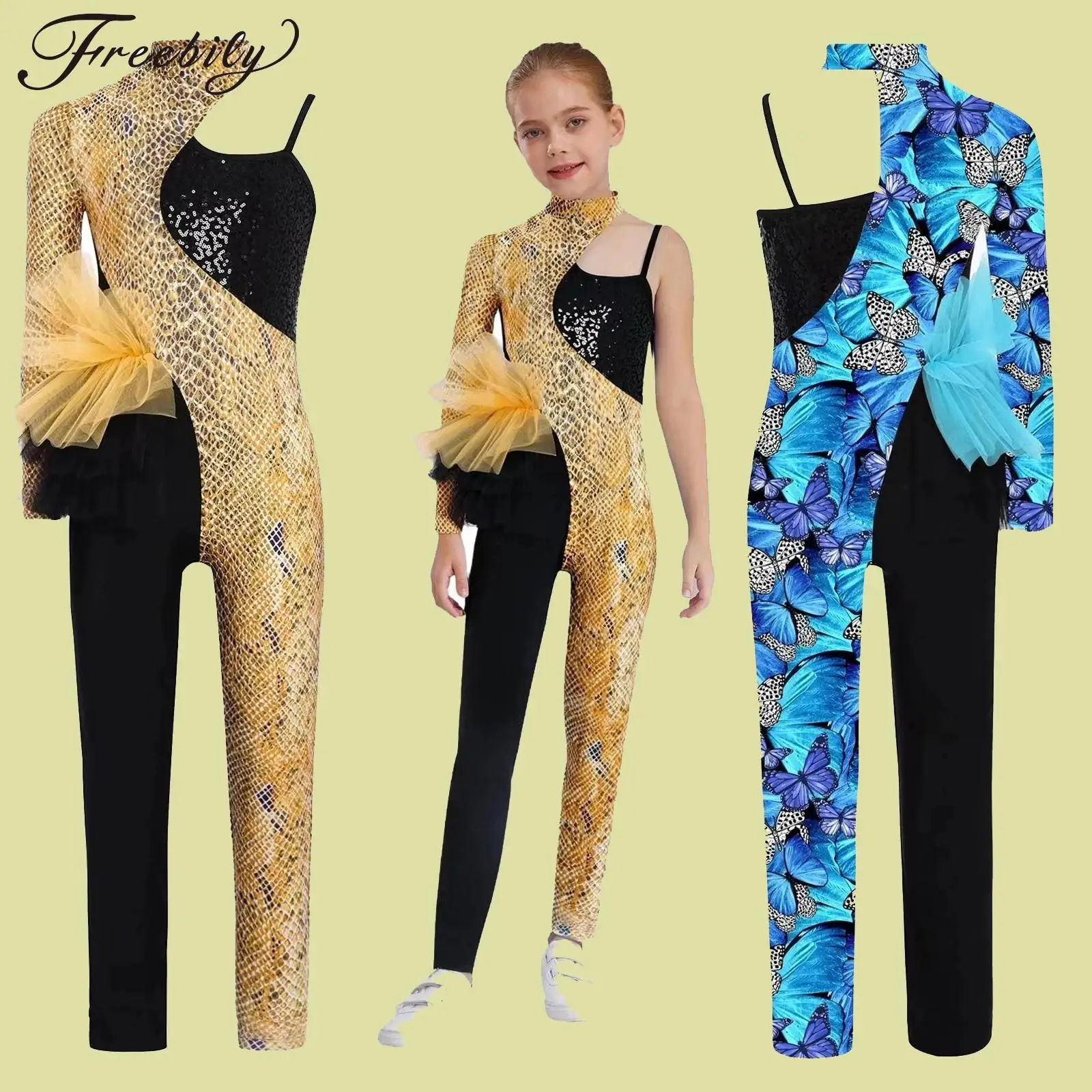 Body de Ballet en Tulle pour filles, justaucorps de gymnastique à paillettes, Costume de danse Jazz asymétrique, combinaison de patinage pour enfants
