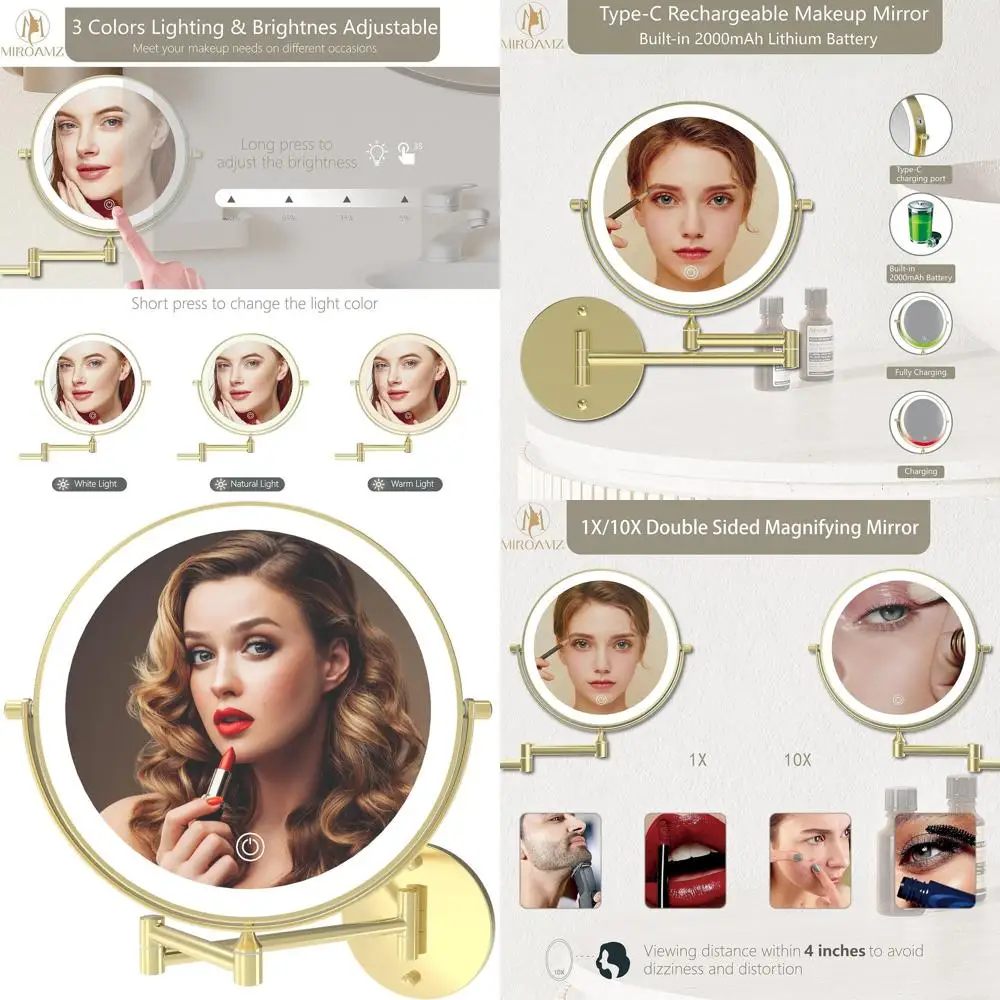 9 مرآة زينة LED مزدوجة الجوانب مع تكبير 1X/10X، 3 أوضاع إضاءة، تعتيم باللمس، 360 درجة ° دوران، ذهبي #1