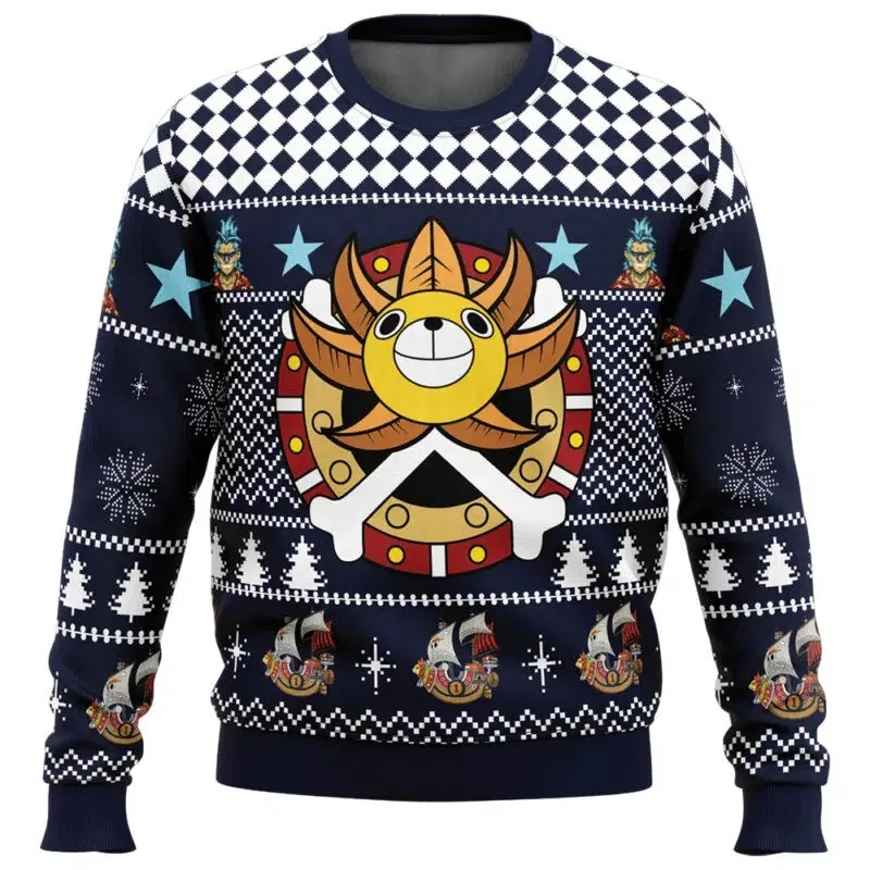 Une pièce Luffy hiver série de noël lame col rond sweat à capuche imprimé Imitation pull tricoté décoratif nécessaire quotidien
