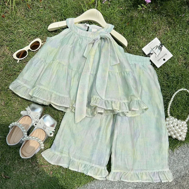 

2025Summer New Style Cute and Stylish Baby Girl Suspender Shirt with Ruffled Pants Two-Piece Set