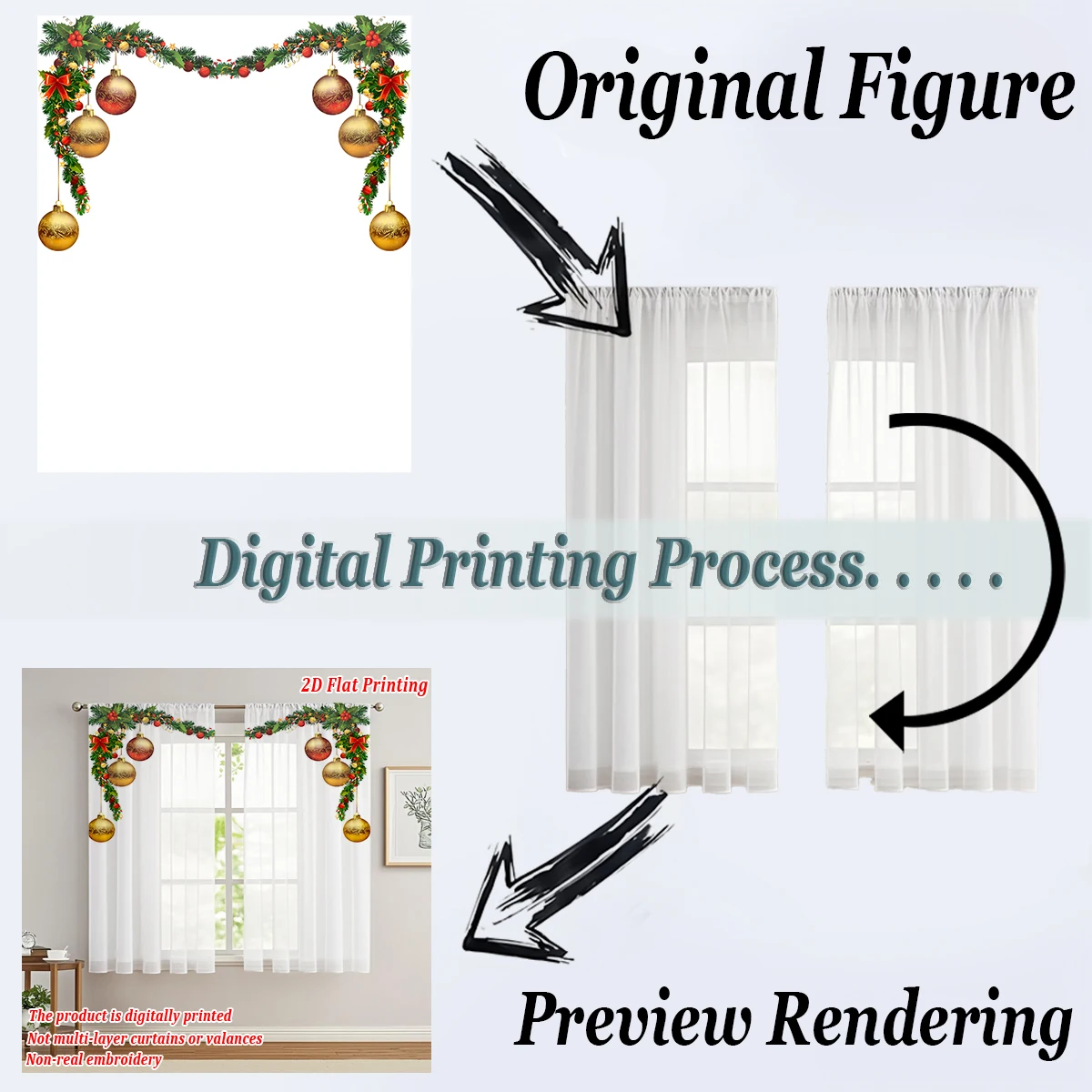 ستارة شفافة للمطبخ بطباعة مسطحة لعيد الميلاد مع زينة فرع كرة الصنوبر لعيد الميلاد وحفلات ديكور المنزل