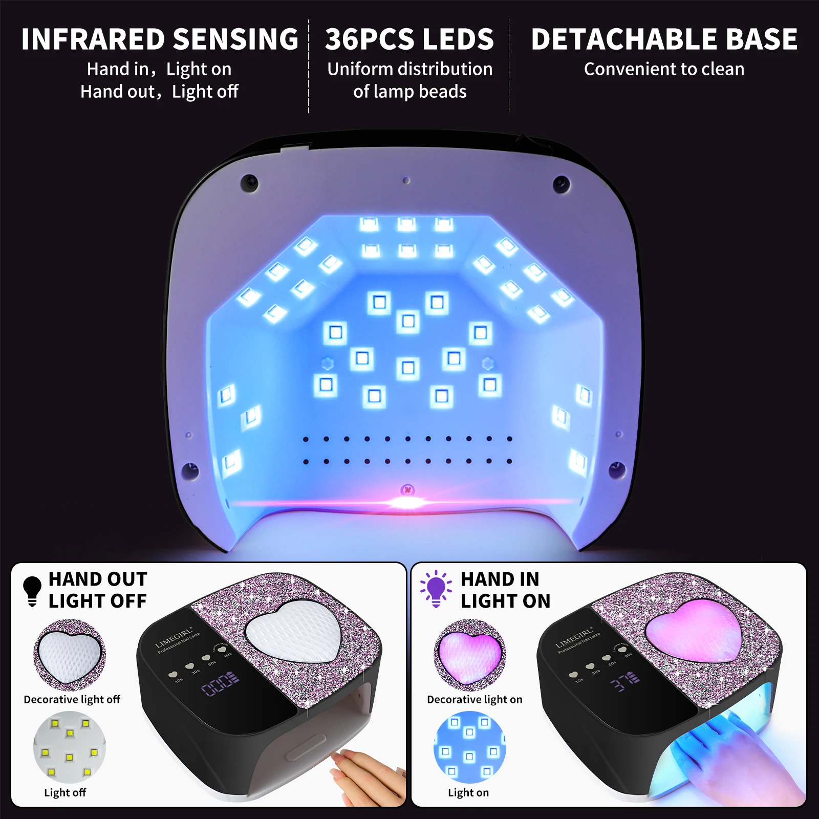 เครื่องอบเล็บยูวีแอลอีดีแบบมืออาชีพ 36 หลอดไฟแบบชาร์จได้ สำหรับอบเจลขัดเงา พร้อมตัวตั้งเวลาและเซ็นเซอร์ สำหรับร้านทำเล็บ