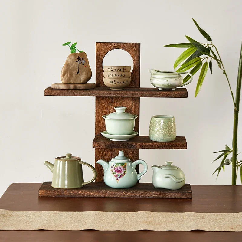 

Desktop antique rack, solid wood Chinese tea set, tea pot rack, Duobao Pavilion display , tea cup display