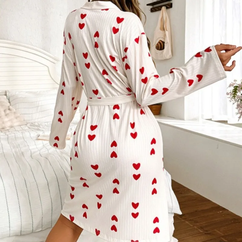Krismile Heart Printed Womens Robes 2025 Long Sleeve Tied Waist Pockets Soft Comfort Homewear Pajama Woman Clothing K9047
