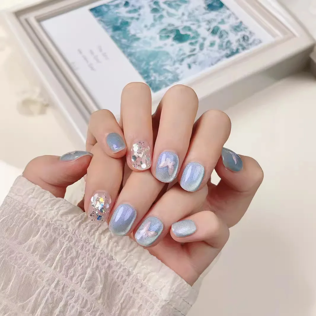 10Pcs Cat Eye Handmade Press on Nails Candy Color Fake Nails Summer Cute Wearable Stick-on Nails Full Cover False Nail Uñas 네일팁