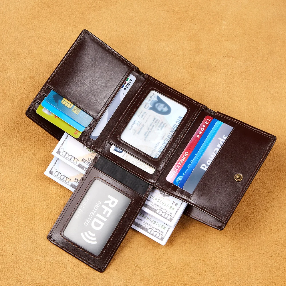 دانتي ريترو طبقة رأس من الشمع الزيتي محفظة رجالية من جلد البقر بطاقة مضادة للسرقة الضرب ثلاثة أضعاف أوراق فضفاضة سعة كبيرة فتحة بطاقة متعددة
