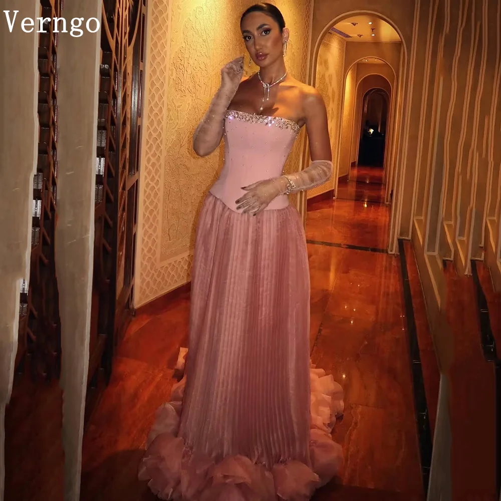 

Verngo Pink Sequined Tulle Evening Dresses Elegant 3D Flowers A Line Prom Party Dress Arabic Prom Gowns Customized