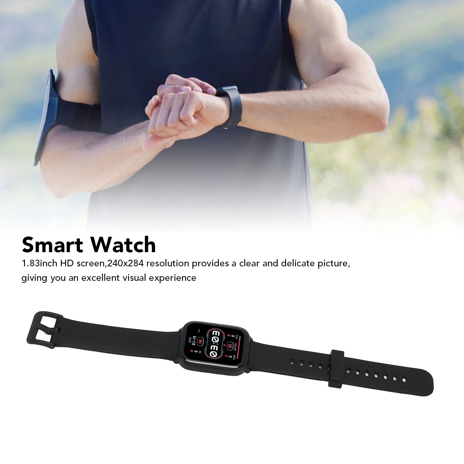 

Fitness Watch Sports Smartwatch 1.83inch Screen Clear Display Real Time Step Tracking with Flashlight and Music for Workout