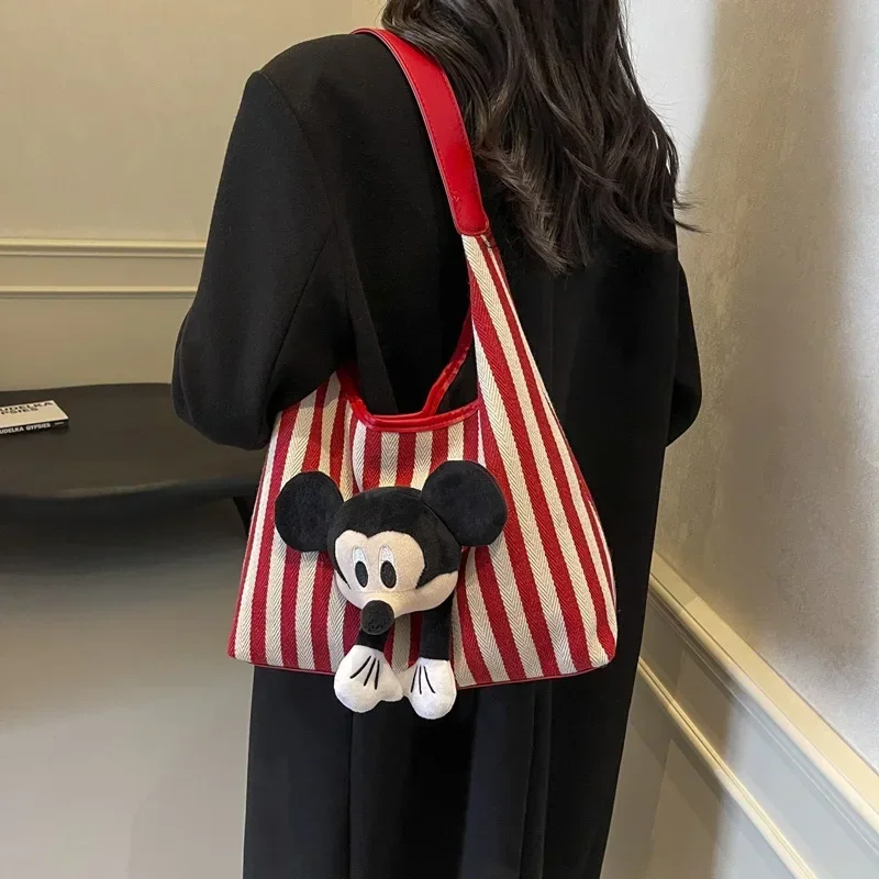 

Disney Mickey Mouse Women's Large Capacity Black and White Tote Striped Underarm Bag Fashion Handbag Cute Shoulder Bag