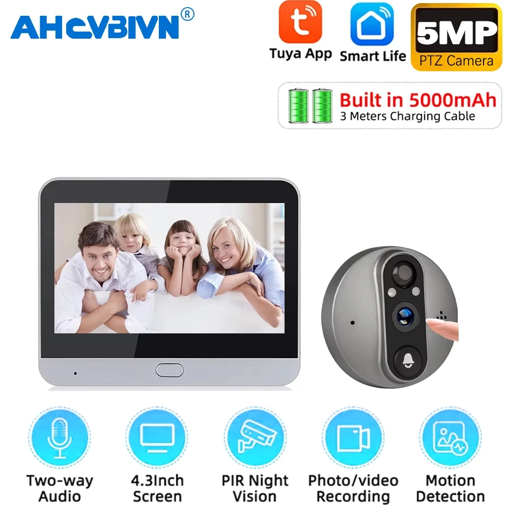 

5MP Smart Life Tuya Wi-Fi дверной звонок глазок IP-камера 5000 мАч аккумулятор PIR детектор движения аудио ИК цифровой просмотрщик приложение Tuya