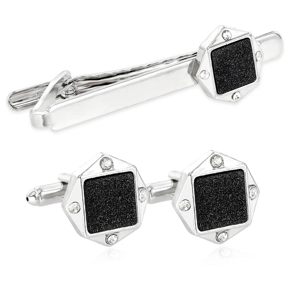 Hexagonal Black Background Diamond Studded Cufflinks and Tie Clip Set Men's Suits Shirts Business Formal Accessories