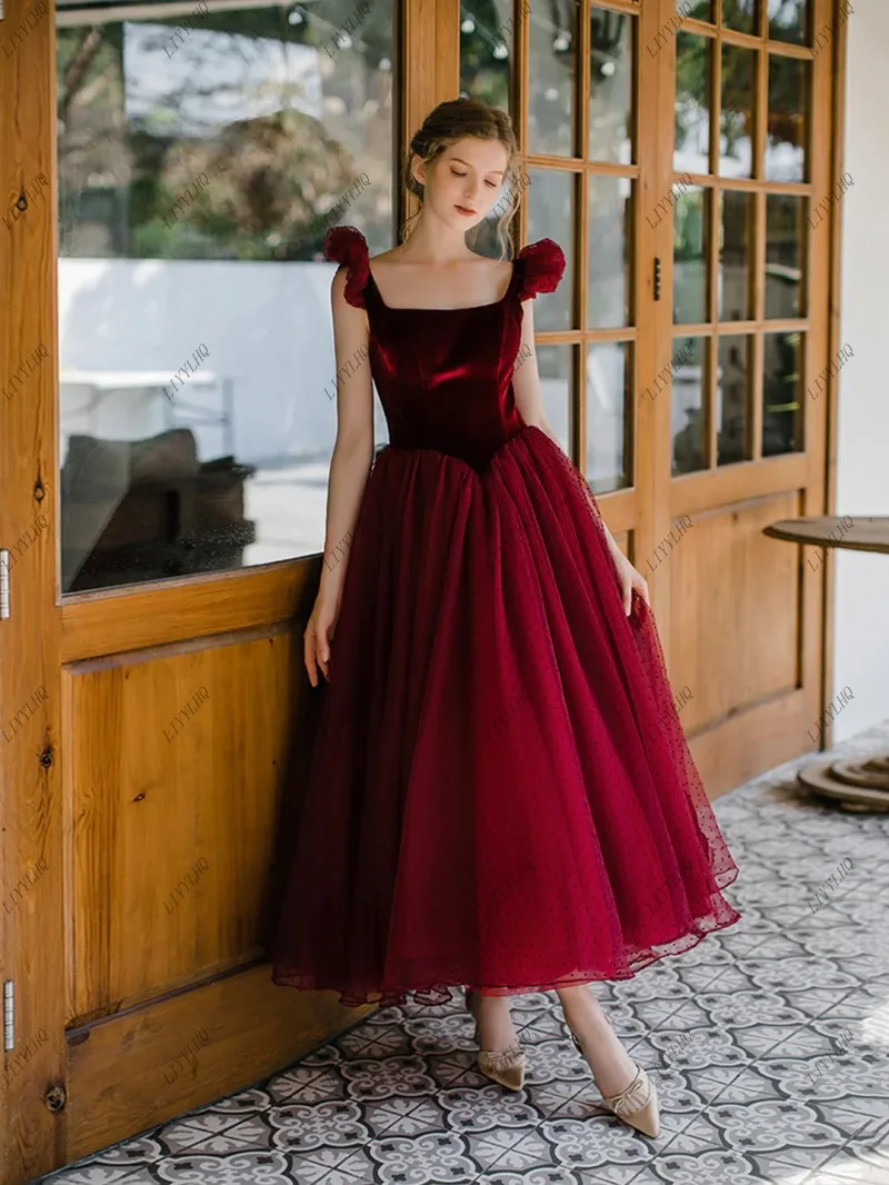 LIYYLHQ Burgundy Velvet Tulle Tea Length Prom Dress Midi Cute A-Line Evening Party Dress Saudi Arabia Women Robe De Soirée