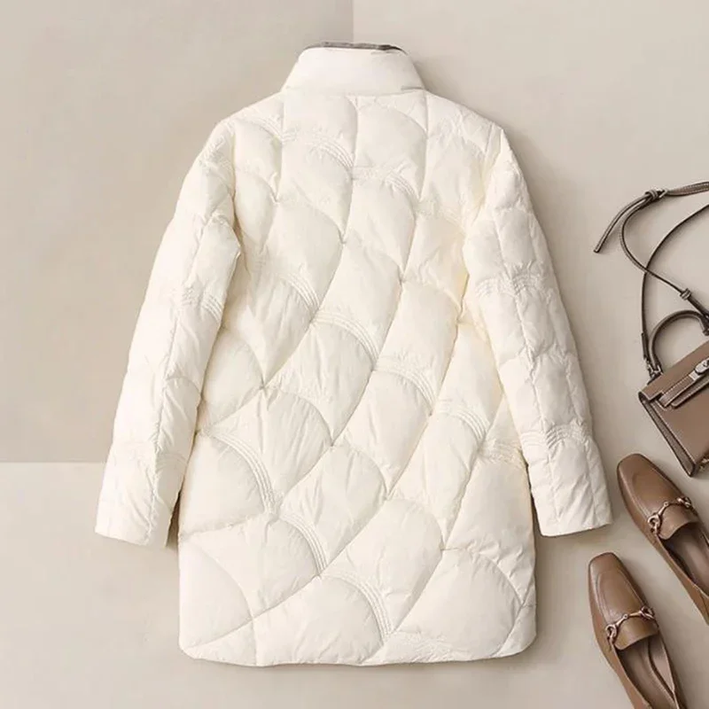 Retro Autumn and Winter 90 White Duck Down Ultra Light Warm Coat for Women\'s Casual Splice Long Standing Collar Quilted Coat