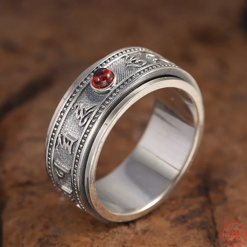 

S925 Sterling Silver Rings for Women Men Rotatable Six Syllable Mantra Ruby Pure Argentum Amulet Fashion Jewelry Wholesale