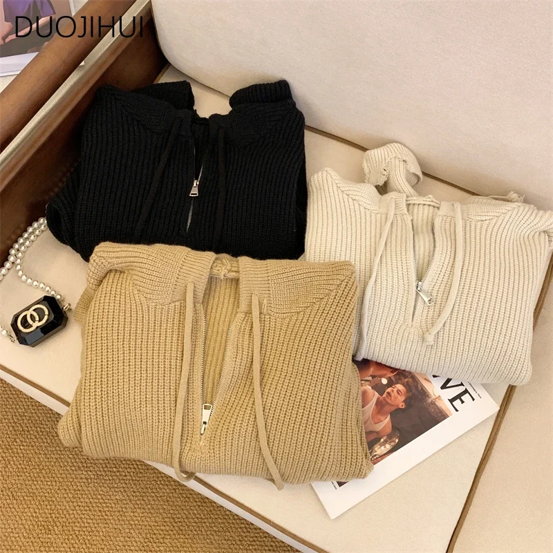 DUOJIHUI Korean Basic Hooded Chic Drawstring Women Pullovers Winter New Loose Knitted Simple Pure Color Fashion Female Pullovers