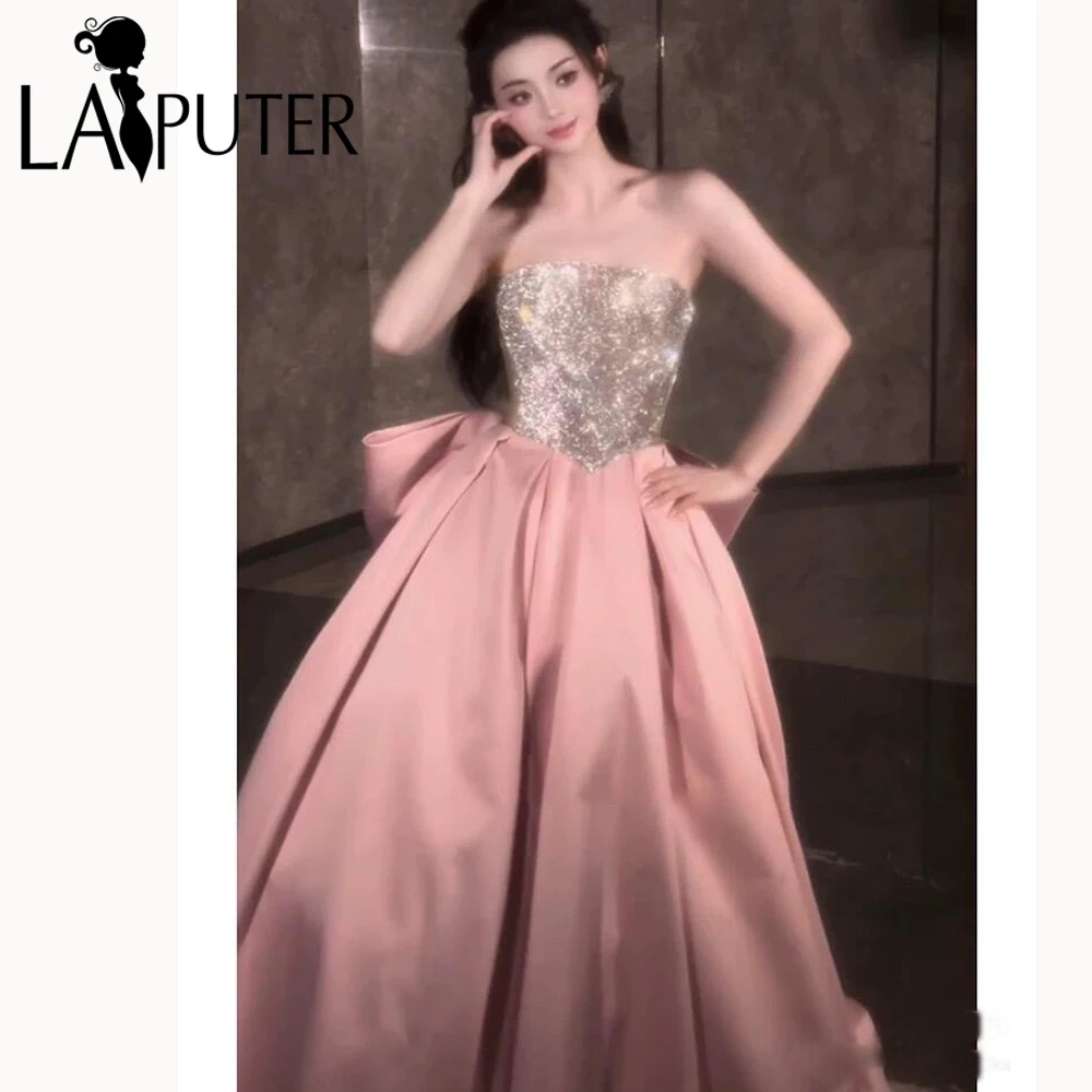 Sparkle Silver Bodice Pink Satin Prom Dress Strapless Neck Evening Gown Detachable Sleeves Cute Girl Party Celebrity Dress 2024