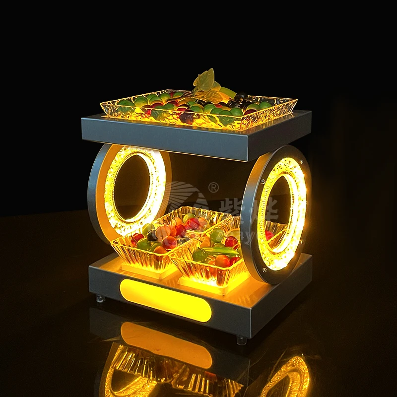 

LED rechargeable luminous fruit plate silver two-layer bar decorative fruit platter KTV special snack plate