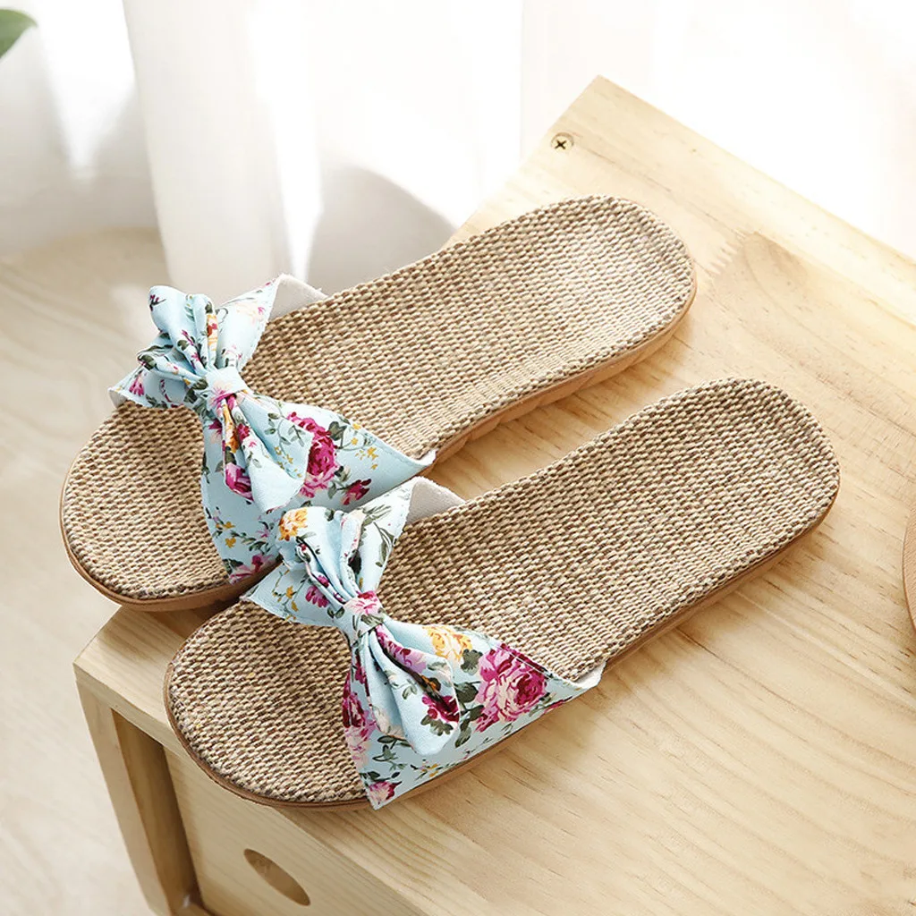 Women Female Bowknot Flax Linen Flip Flops Beach Shoes Sandals Slipper Chaussure Femme Sapatos Femininos Zapatos Mujer SandáLia
