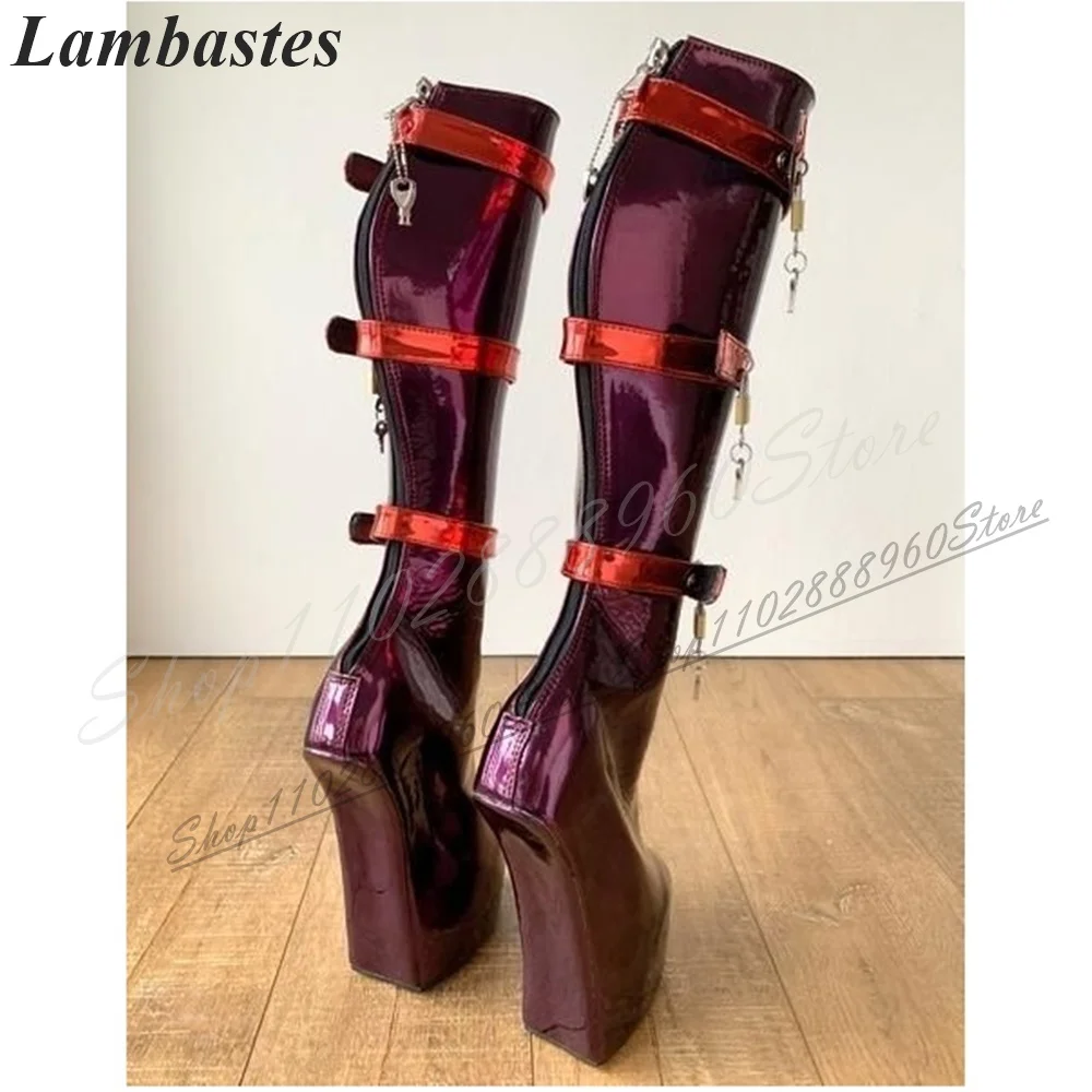 

Knee High Mixed Key Lock Strap Boots Strange Style Heel Women Shoes Back Zipper Round Toe 2024 Fashionable Zapatillas Mujer