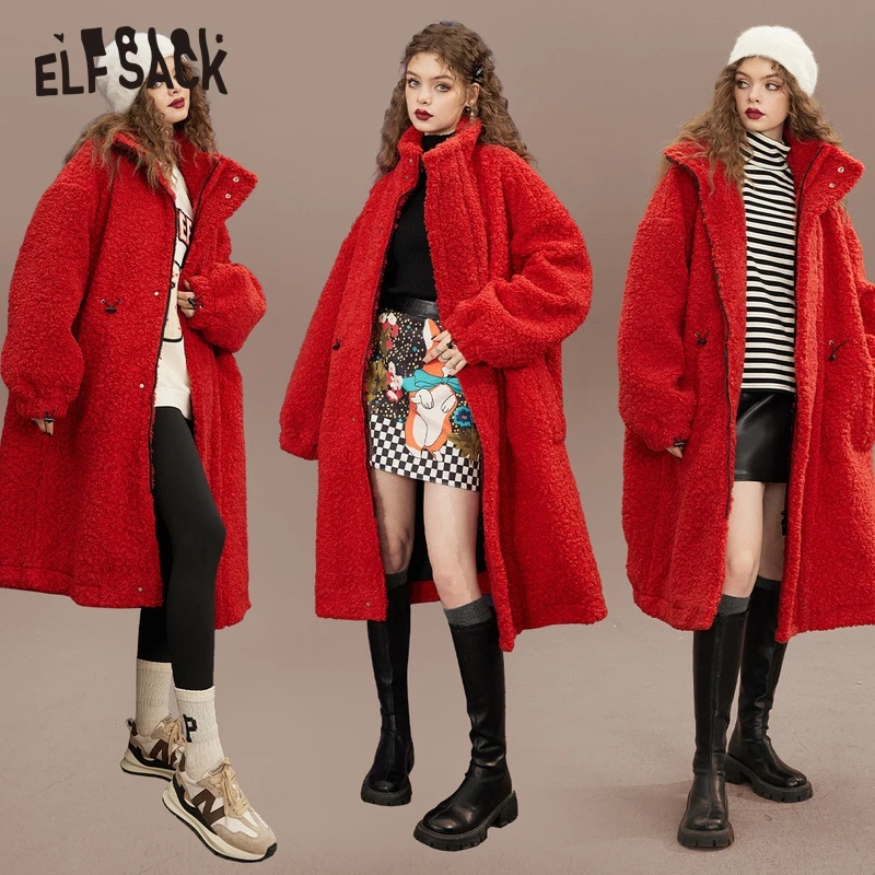 

ELFSACK Red Plush Wool Coats Women Winter Thick Casual Jackets