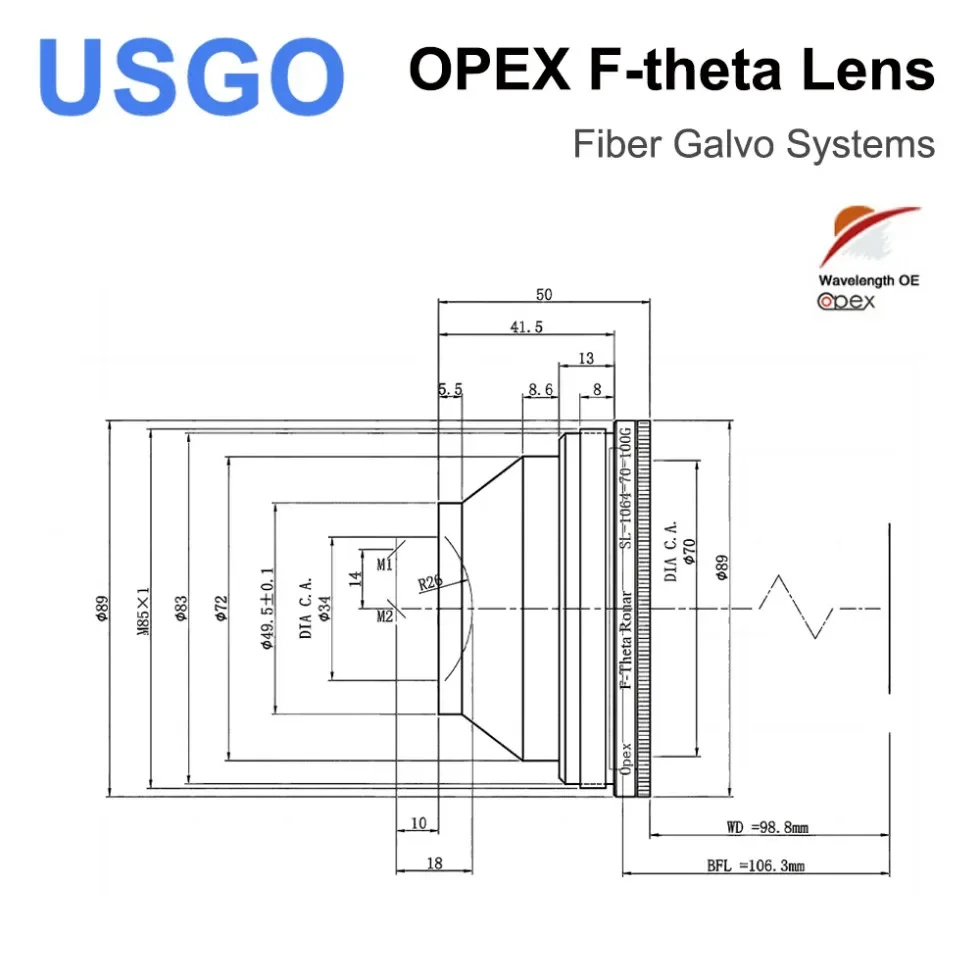 Объектив USGO OPEX F-theta 1064 нм 70x70-300x300 мм F100-420 нм для 1064 нм YAG, детали линз для машины для лазерной маркировки оптического волокна