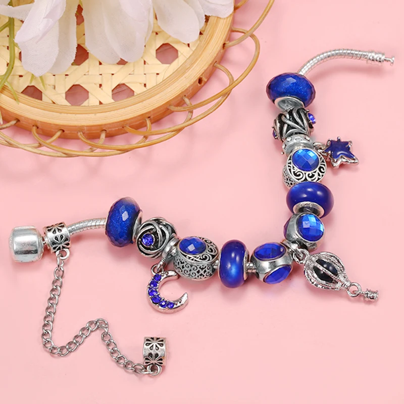 Blue Hot Air Balloon & Starry Moon Night Sky With Pendent DIY Charm Brand Bracelet Fashion Jewelry For Women & Kids Making Gift