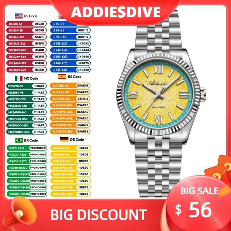 

ADDIESDIVE 36mm Men's Quartz Watches Luxury Sapphire Stainless Steel Watch Waterproof Luminous Wristwatch Casual for Male Clock