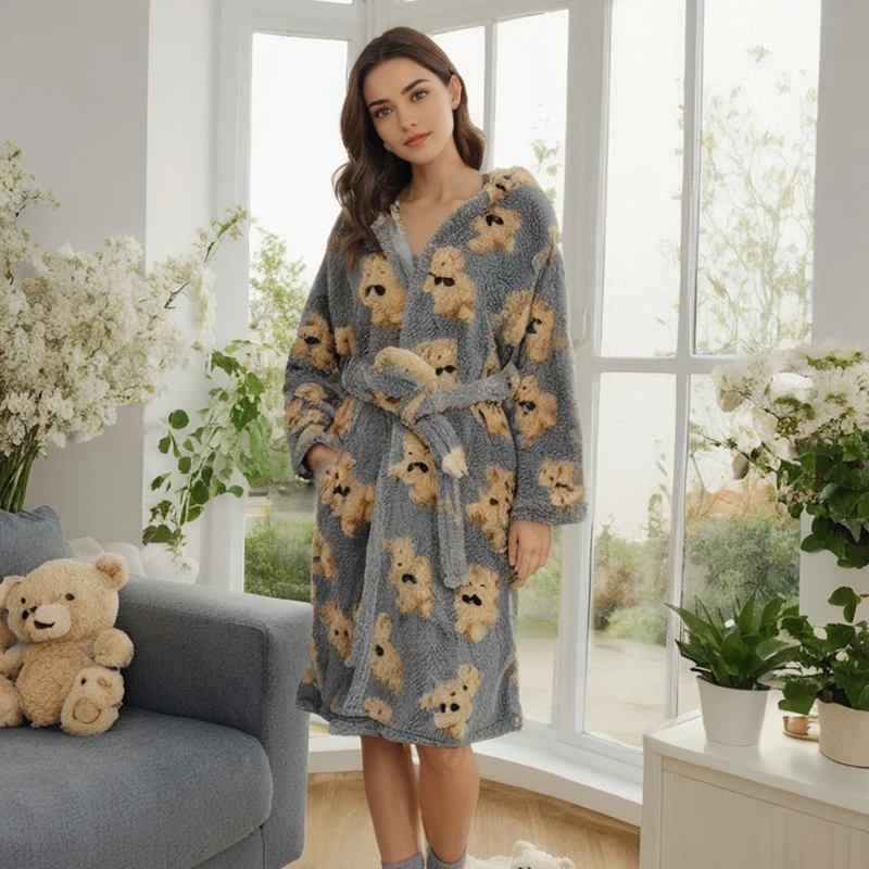 Loose Long Thick Bath Robe Hooded Winter Thick Women Bathrobe Flannel Terry Warm Comfortable Sleepwear for Female Dressing Gown