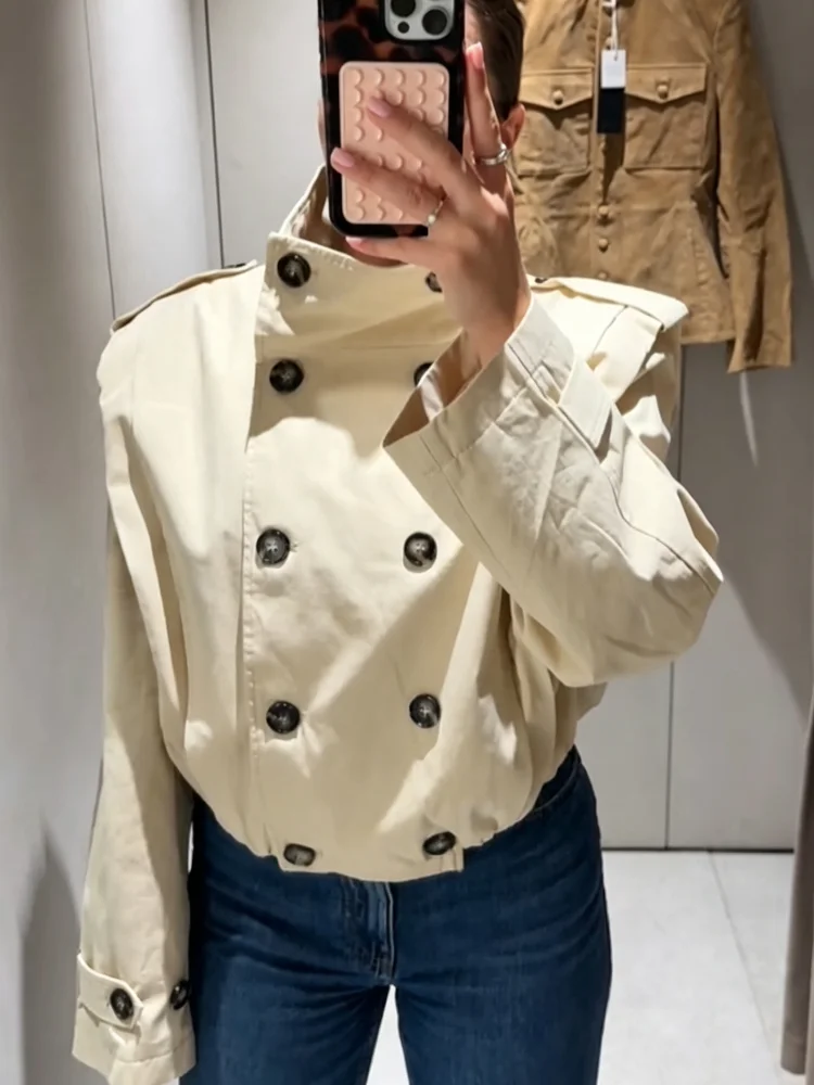 Stand Collar Women's Short Trench Coat Commute Full Sleeve Breasted Jacket Pleating Slim Casual Outwear Autumn Lady Trench Coats