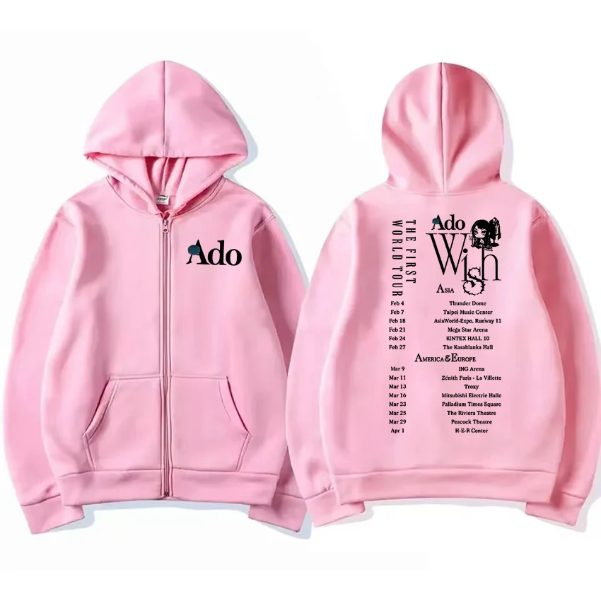 Autumn Winter Ado World Tour 2025 Double Sided printed Zipper Hoodies Men women vintage Y2k Sweatshirt Unisex Fleece Coat Jacket