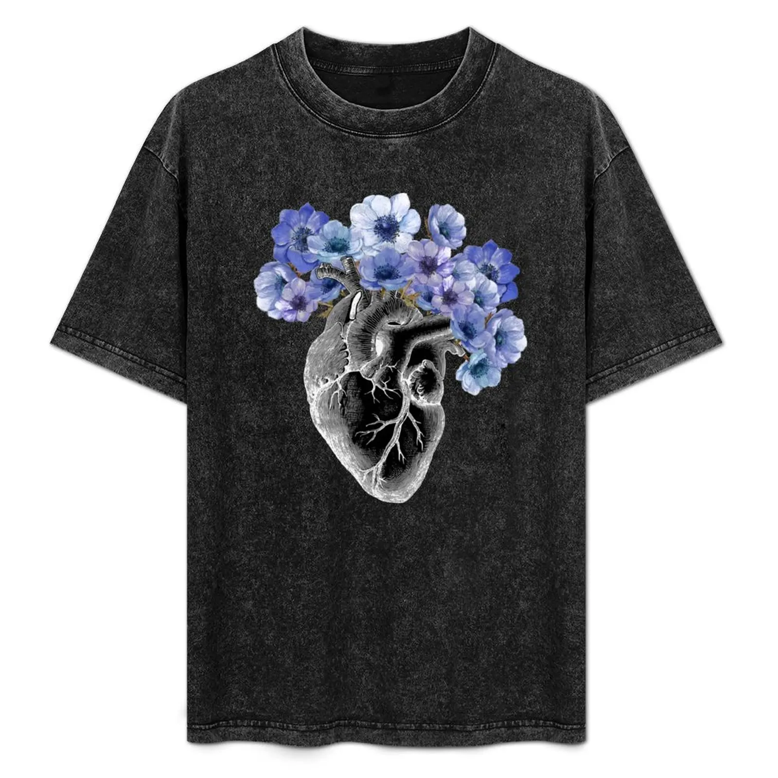 

human heart with blue anemones flowers, black T-Shirt graphics sweat animal prinfor boys mens clothes