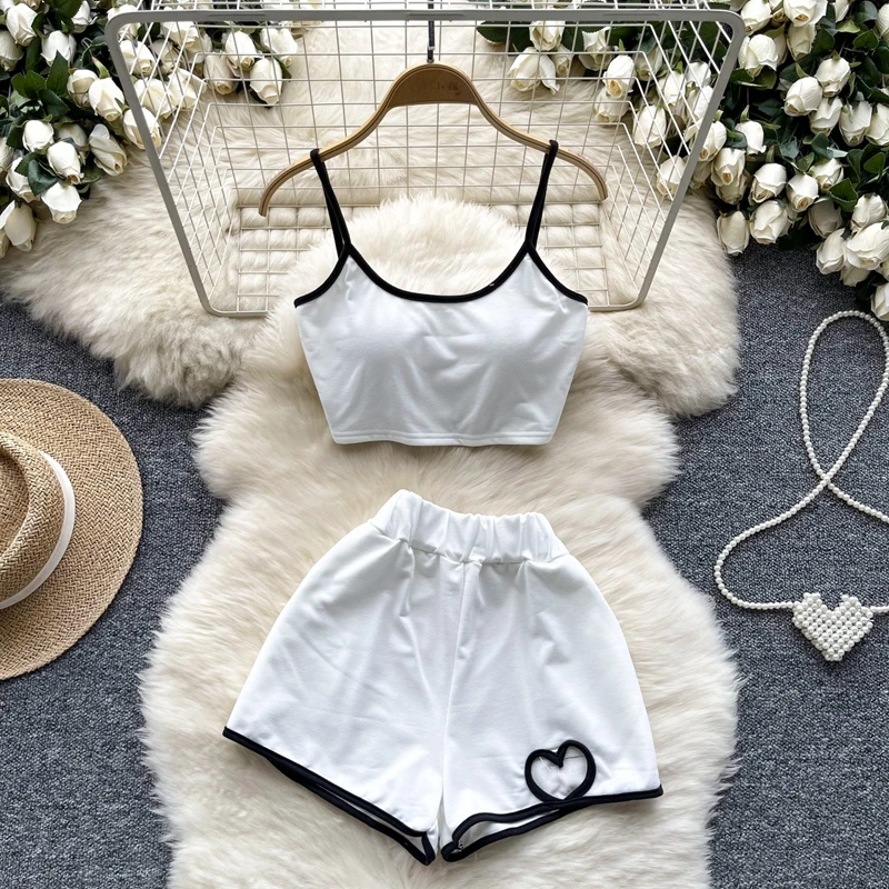 Summer Casual Tracksuit Set Dopamine Sweet Spicy Girl Short Strap Top and High Waist Short Set Two Piece Set