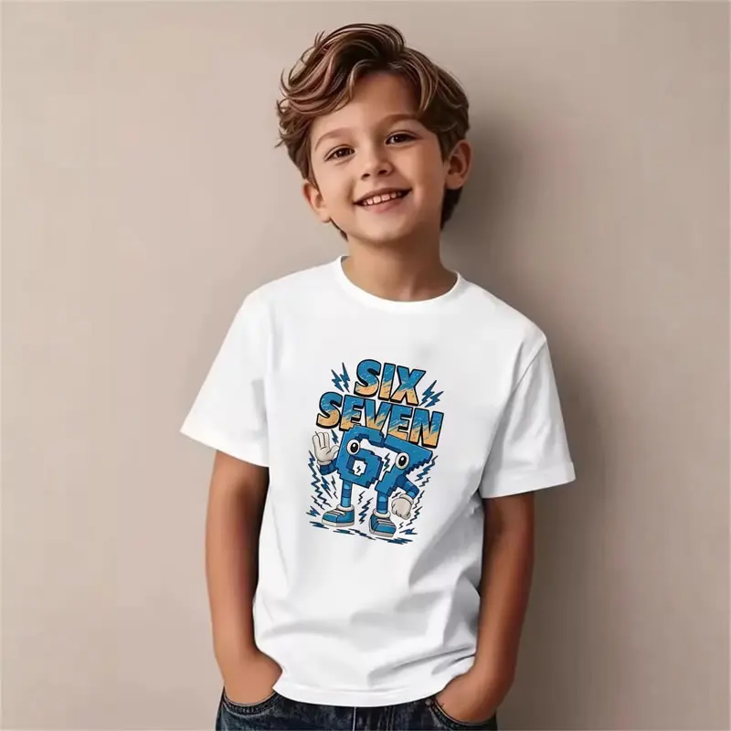 67 Emoji Gesture Robot Number Character Mecha T-Shirt For Boy Girl Cloth Blue Lightning Fun Pattern Graphic Tee Teen Gift