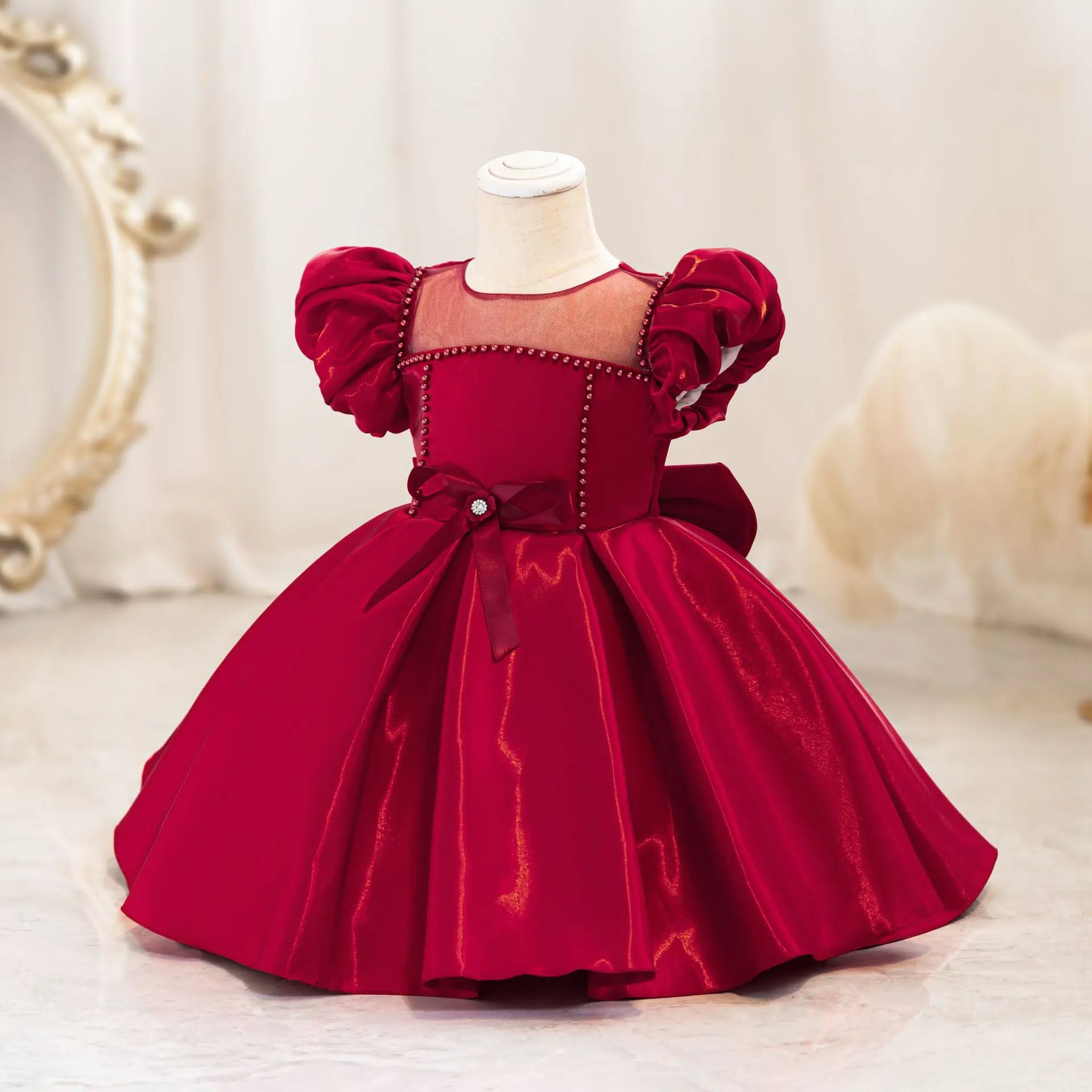 HETISO Summer Girls Elegant Dresses Beading Baby Puff Sleeve Mesh Bow Dress Holiday Child Princess Party Wedding Ball Gown