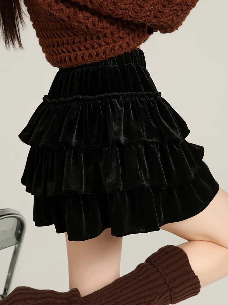 French style gold velvet fluffy cake short skirt women's autumn and winter new ballet fashion high waisted A-line skirt