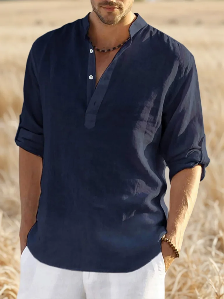 Men's Beach Hawaiian Shirts Solid Color Casual Streetwear Breathable Lightweight Shirts Long Sleeve Henley Cotton Linen Shirts