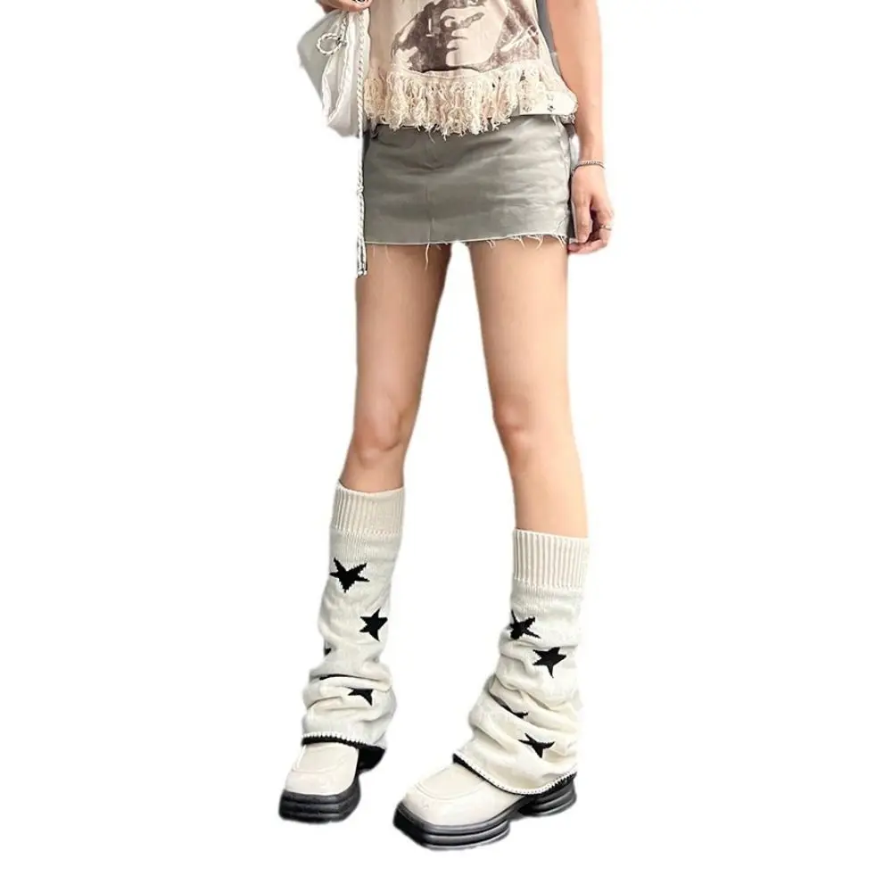 Asymmetric Knit Leg Warmers Double-sided Lolita Style Slouch Boot Cuffs Five-Point Star Pattern Stacked Fit Wide Leg Warmers